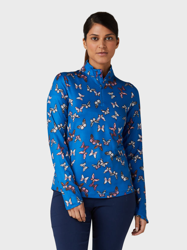 Butterfly Printed Sun Protection 1/4 Zip Women's Top In Baleine Blue