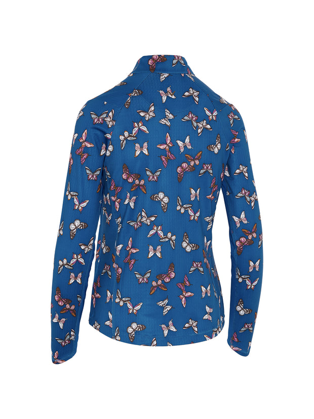 Butterfly Printed Sun Protection 1/4 Zip Women's Top In Baleine Blue