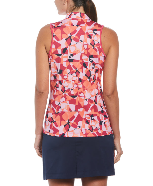 Women's Geometric Floral Print Golf Shirt With Snap Placket In Pink Peacock