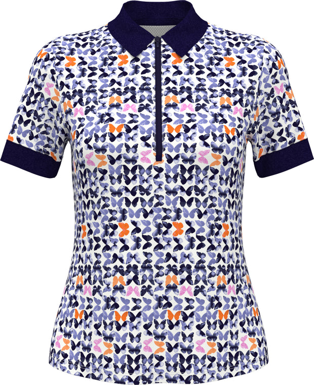 Women's Metamorphosis Butterfly Pattern Short Sleeve Golf Polo Shirt In Brilliant White