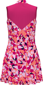 Women's Geometric Floral Print Flounce Golf Dress In Pink Peacock