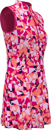 Women's Geometric Floral Print Flounce Golf Dress In Pink Peacock