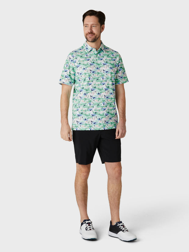 Short Sleeve All Over Abstract Coastal Print Polo Shirt In Bright White