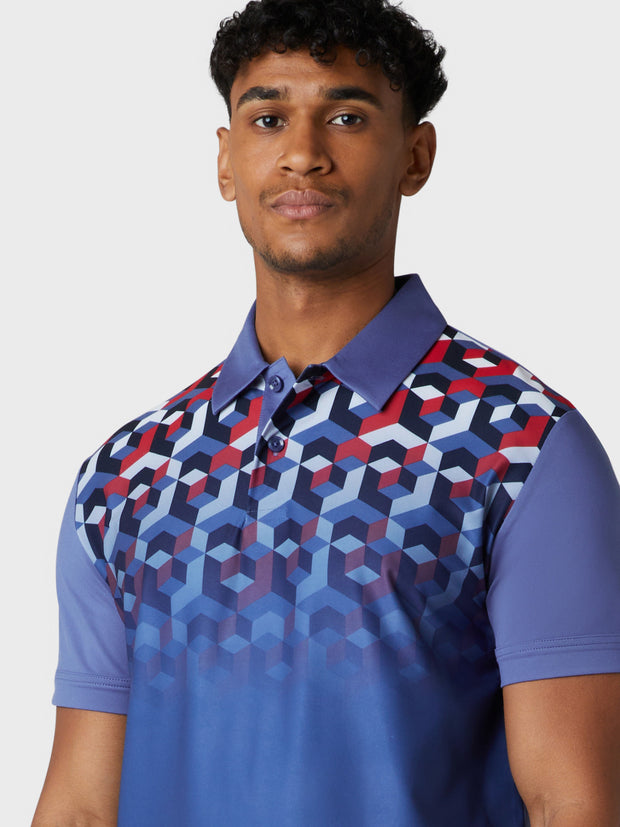 Short Sleeve Ombre 3D Chev Geo Print Polo Shirt In Bijou Blue