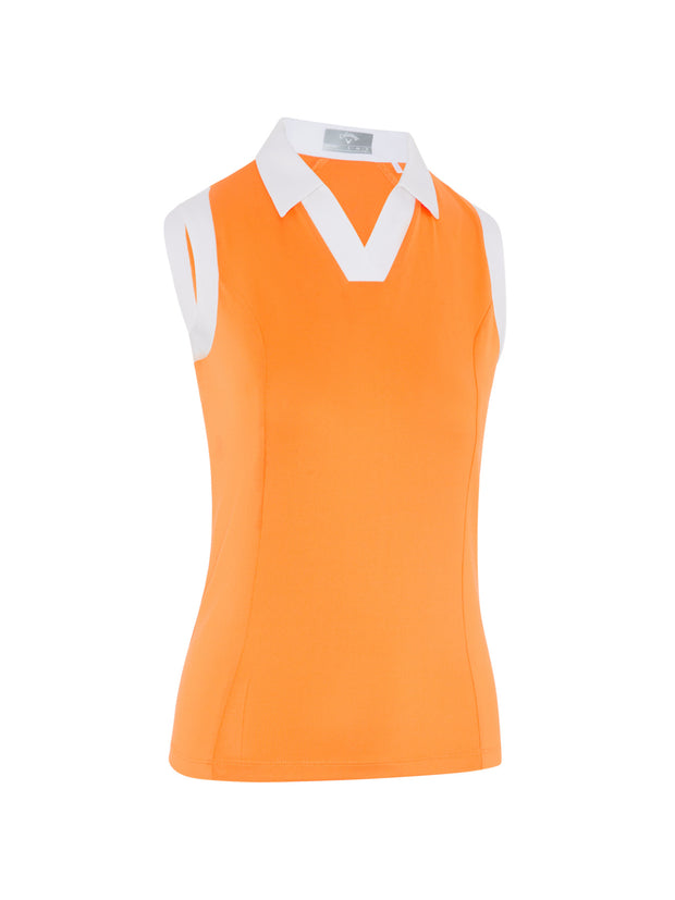 Women's Color Block V-Placket Sleeveless Golf Polo Shirt In Papaya