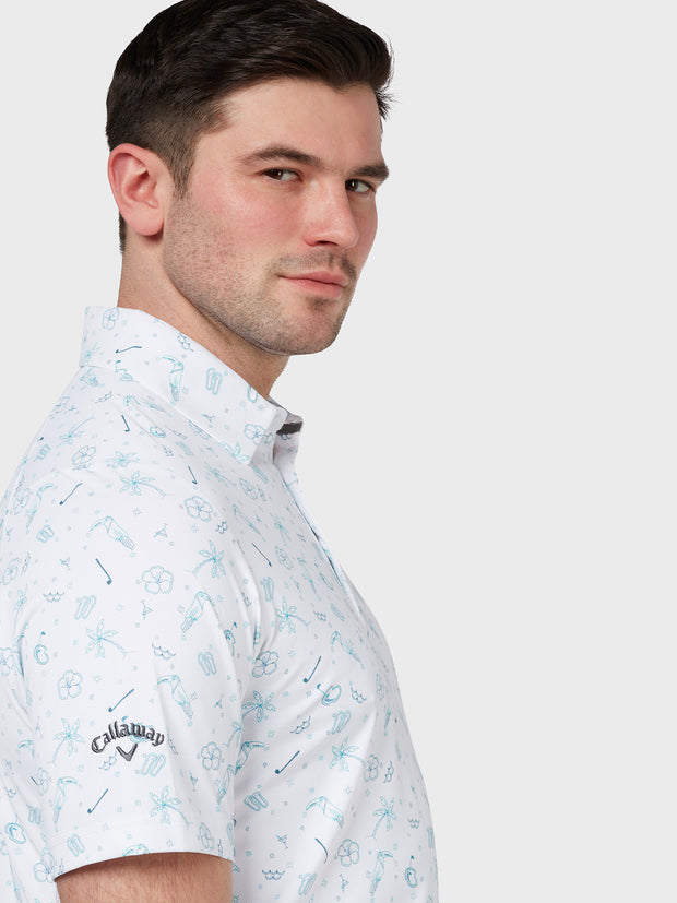 All Over Golf & Tucan Print Polo In Bright White