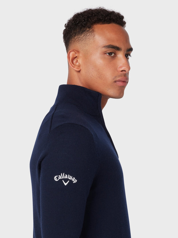 Thermal Merino Wool Quarter Zip Sweater In Dark Navy