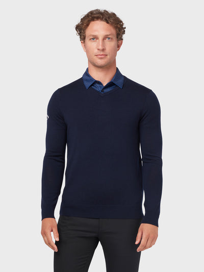 Thermal Merino Wool V-Neck Sweater In Dark Navy