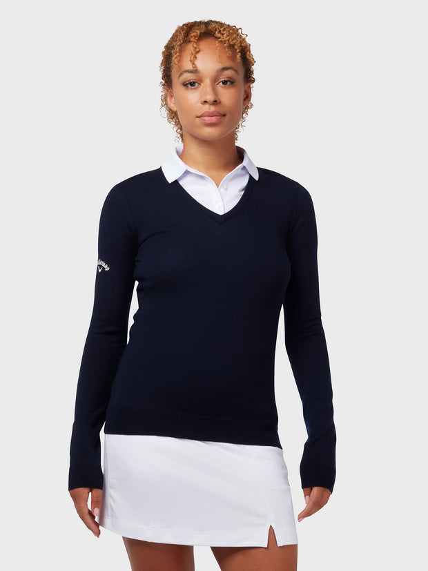 Women's V-Neck Merino Sweater In Dark Navy