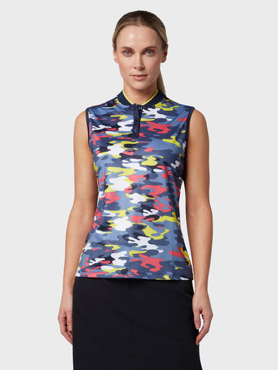 Sleeveless Camo Print Women's Polo Top In Peacoat
