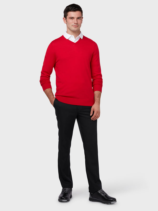 Thermal Merino Wool V-Neck Sweater In Bright Tango Red