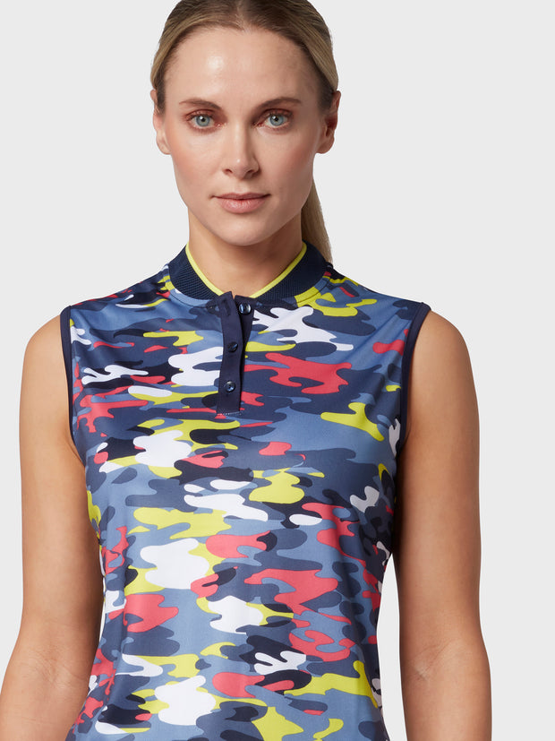 Sleeveless Camo Print Women's Polo Top In Peacoat