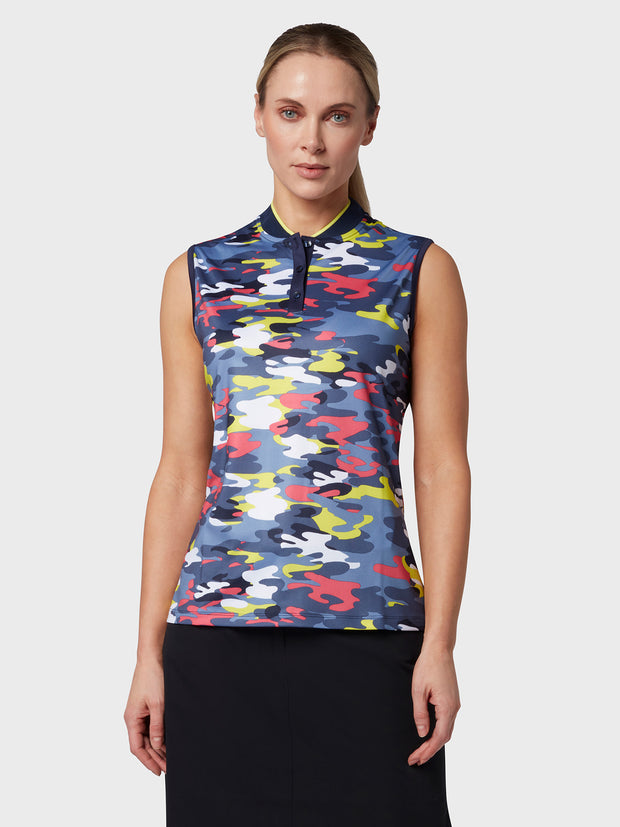 Sleeveless Camo Print Women's Polo Top In Peacoat