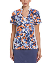 Abstract Floral V-Neck Women's Polo Top In Blue Indigo