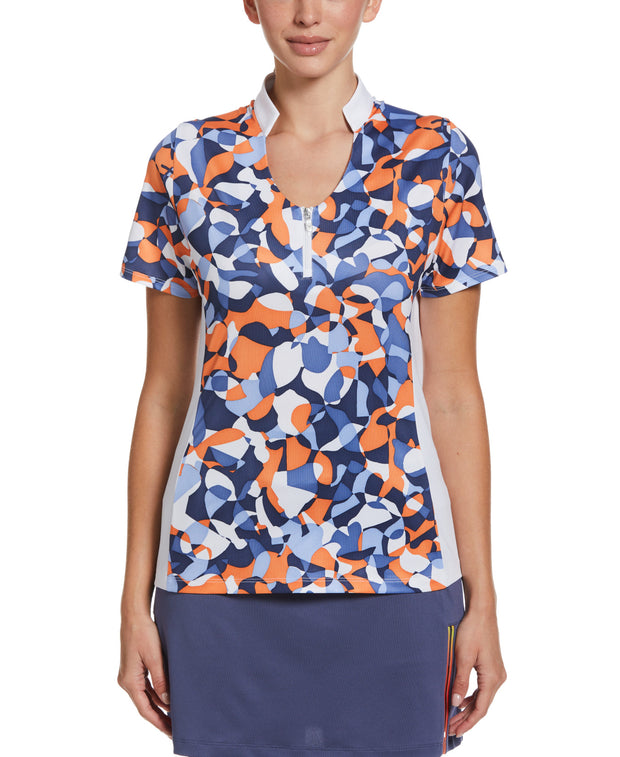 Abstract Floral V-Neck Women's Polo Top In Blue Indigo